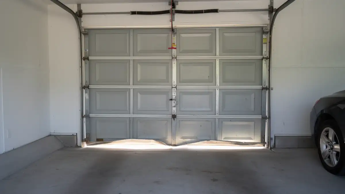 The garage door is closed, showing a slight gap at the bottom.