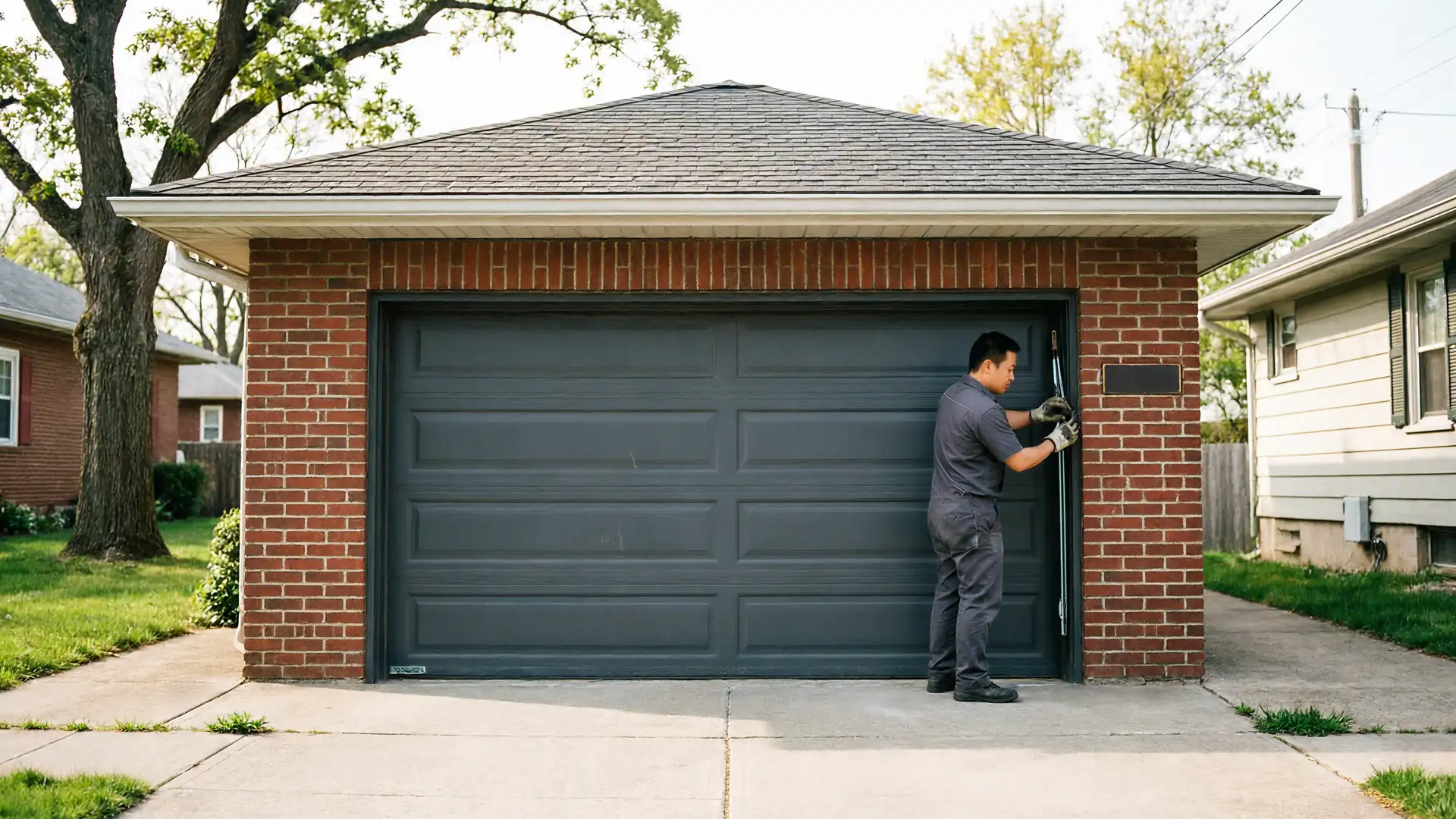 A technician in a gray uniform works on a dark gray garage door.