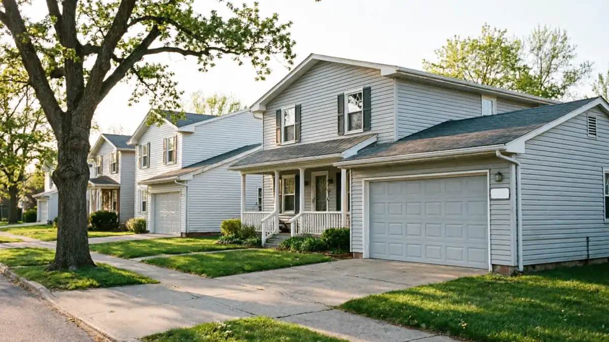 A row of light gray houses with white garage doors lines a street.
