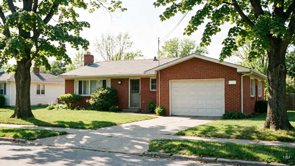 A red brick house with a white garage door and a driveway.