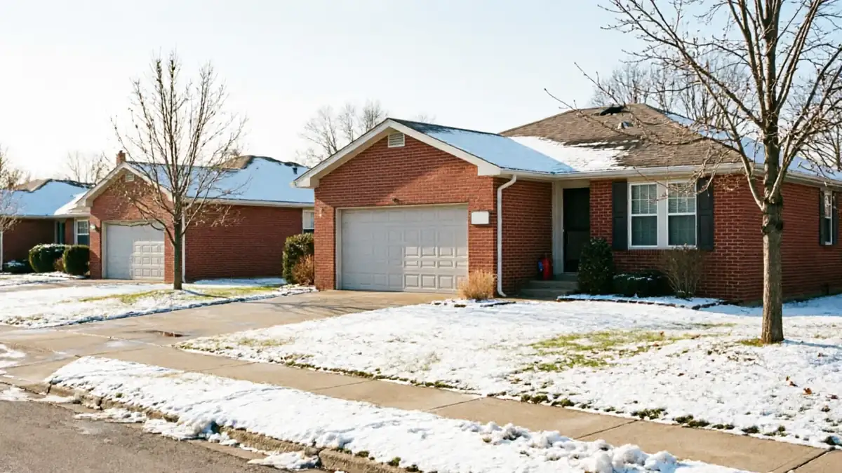 A row of brick houses with white garage doors and snow on the ground.