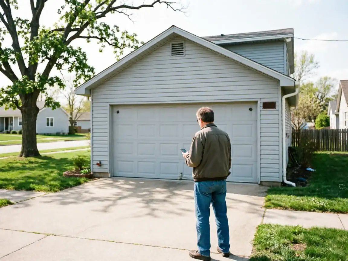 A man stands in a driveway looking at his phone in front of a garage.