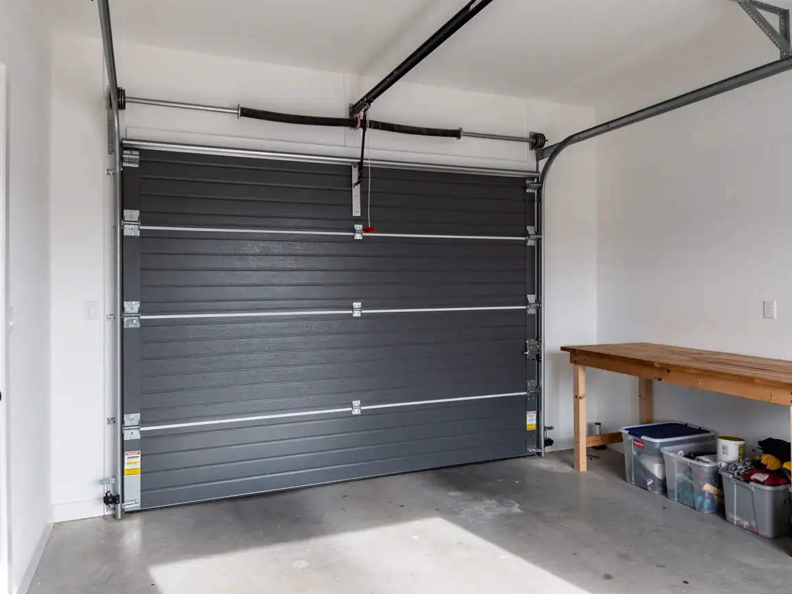 A closed gray garage door is visible from inside a clean garage.