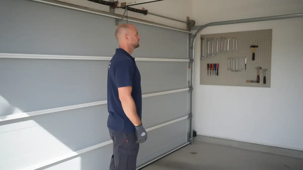 A technician stands in a garage with a gray door and a tool board.