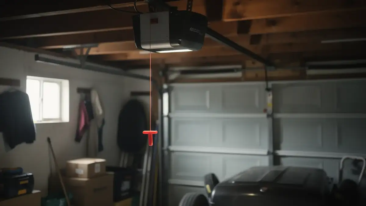 A garage door opener hangs from the ceiling with an orange emergency release cord.